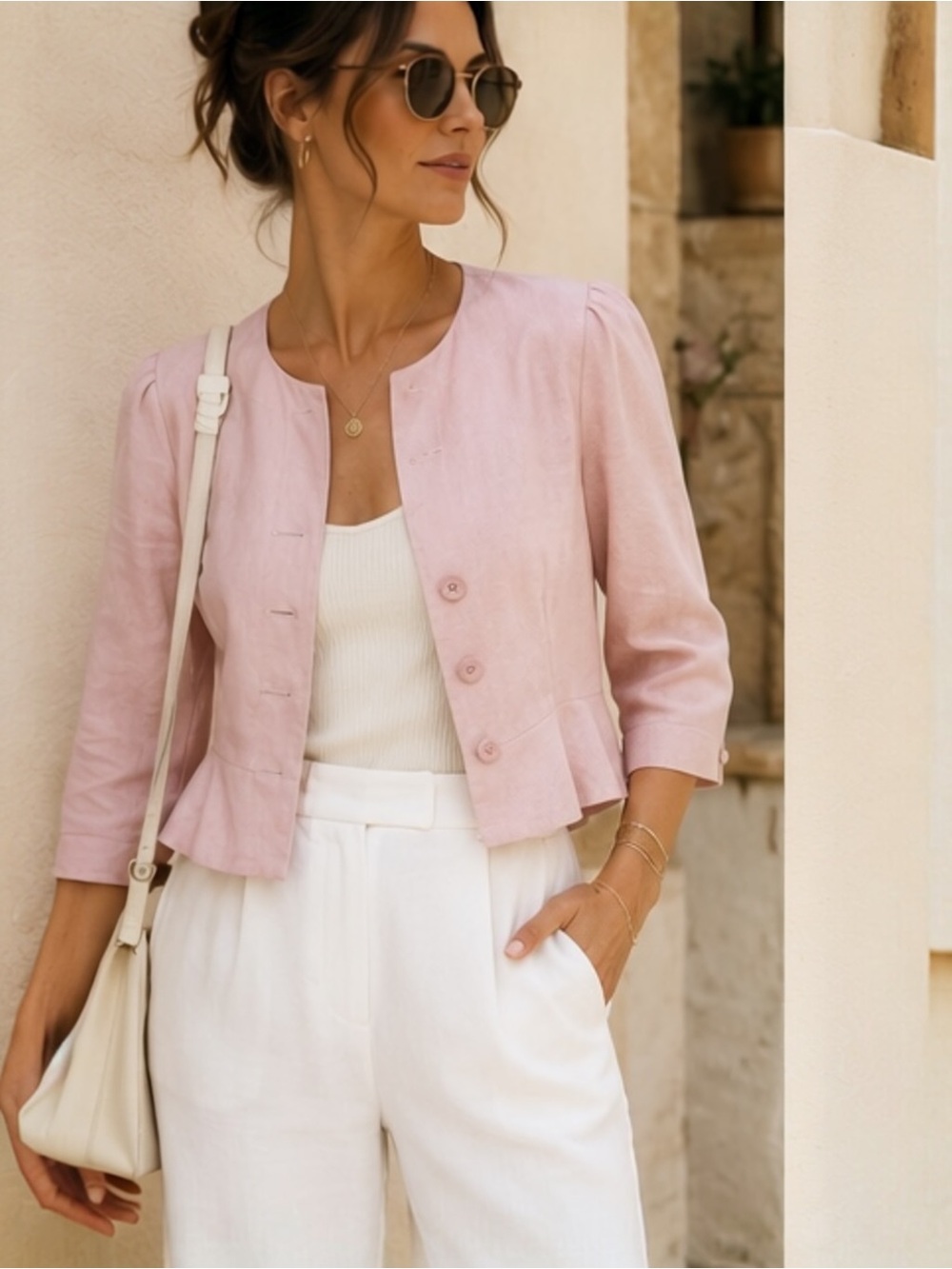 J. Peterman Silk Linen Peplum Cropped Jacket Blush Pink Tailored 3/4 Sleeve M
